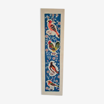 Hand-embroidered blue tapestry decorated with birds and flowers 70s-80s pondicherry