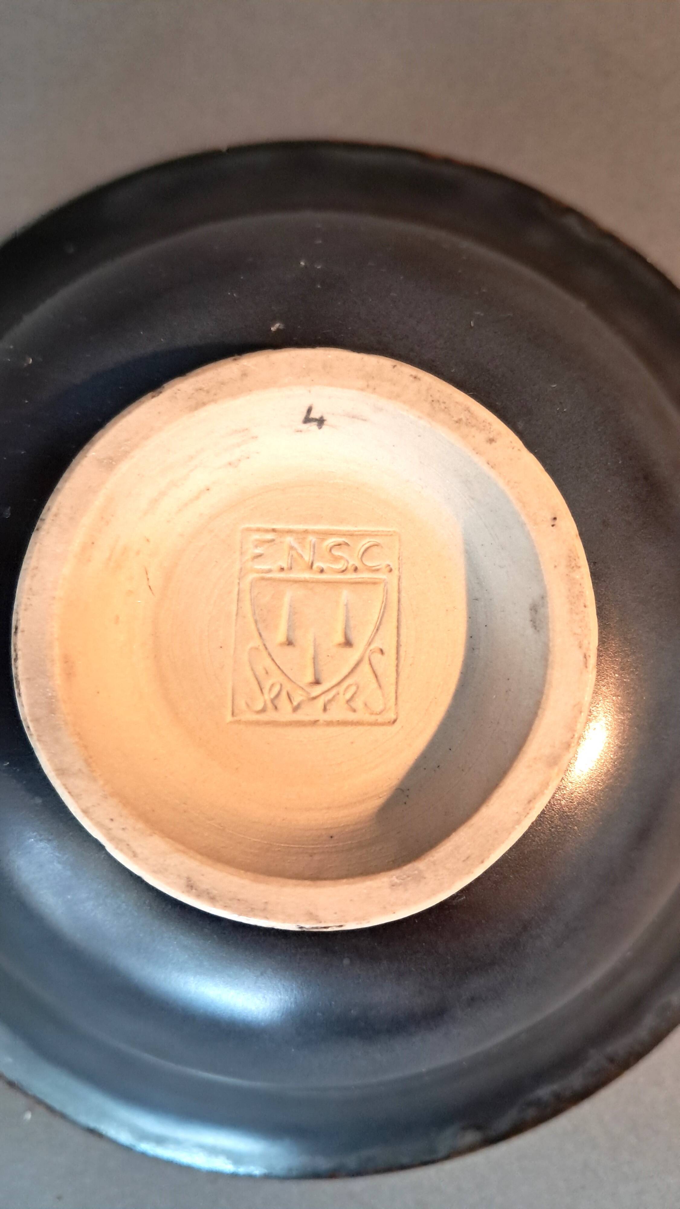 Flared cup in black and nuanced brown enameled ceramic, numbered and Sèvres stamp