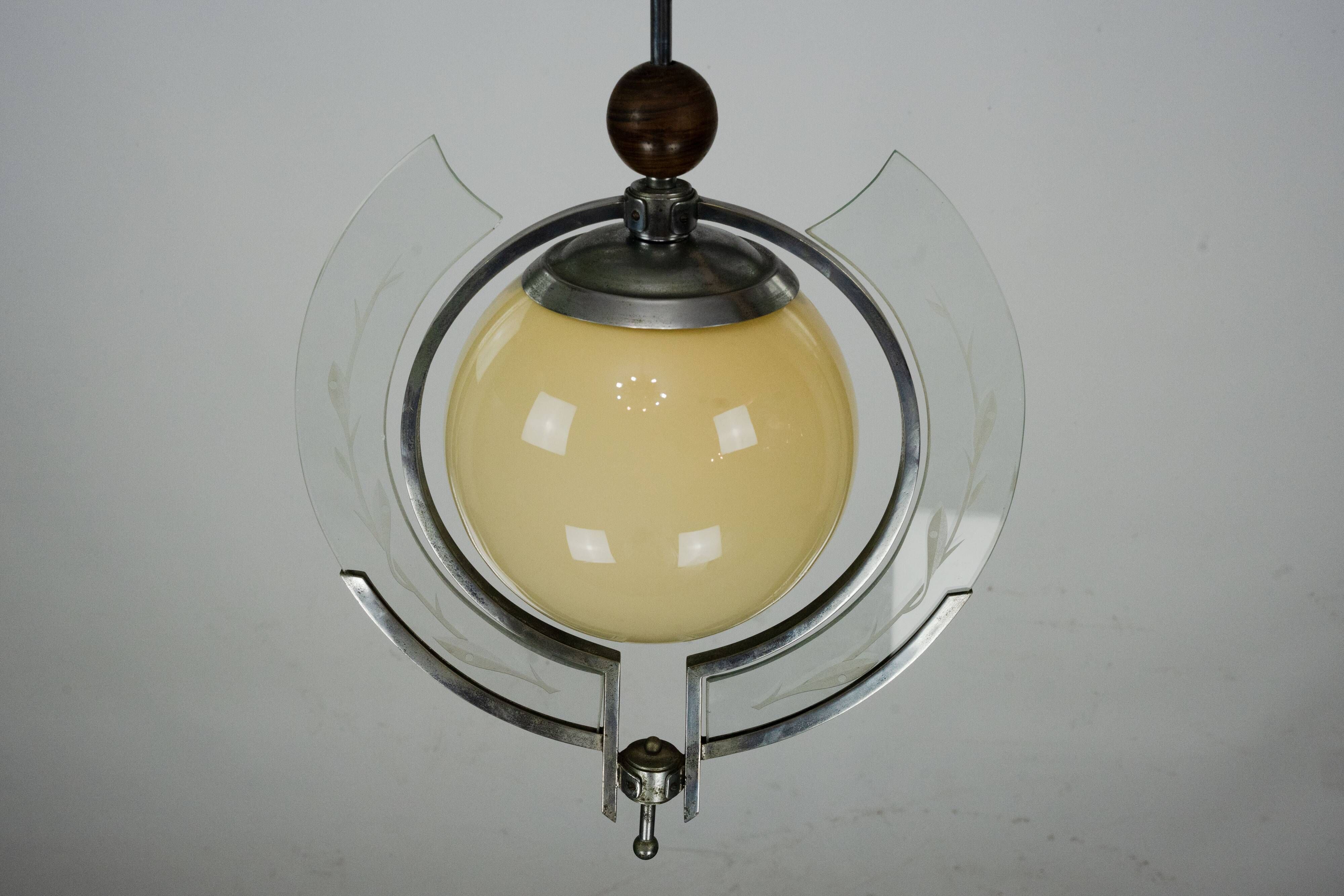 1930s Italian Art Deco Pendant Light with Etched Glass and Amber Globe