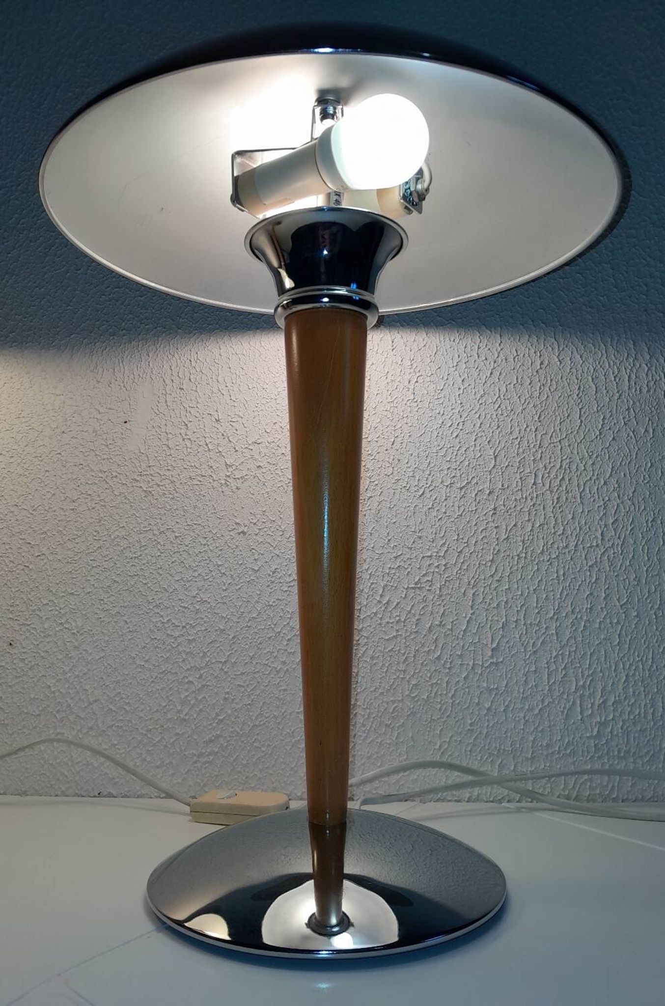 Pair of vintage 1980s wood and chrome ocean liner lamps
