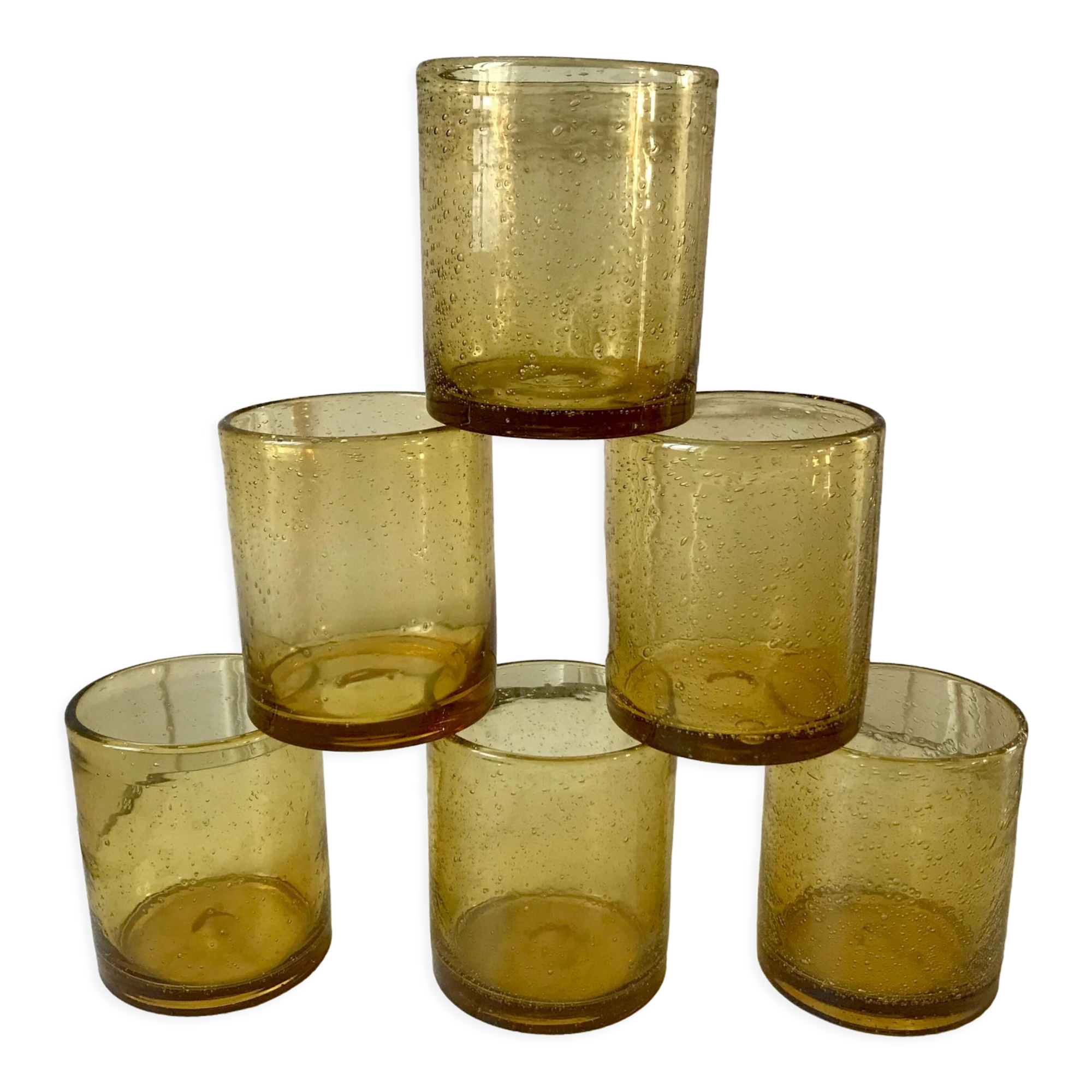 Set of 6 yellow bubble glass water glasses 70s