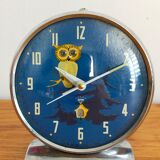 Vintage animated alarm clock in blue owl metal