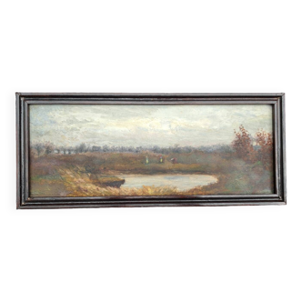 Romantic autumn landscape, oil on wood, French school 19th century