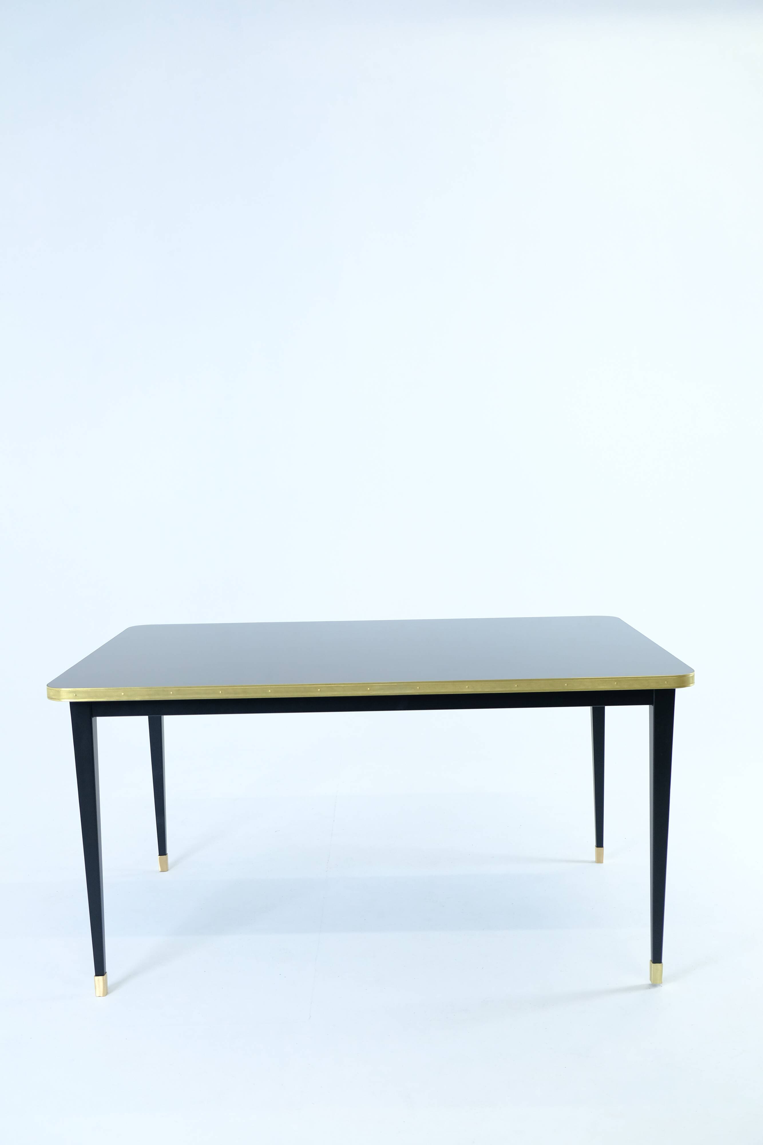 Dining Table, High Gloss Laminate, Brass, Tapered Legs, Navy Blue - M