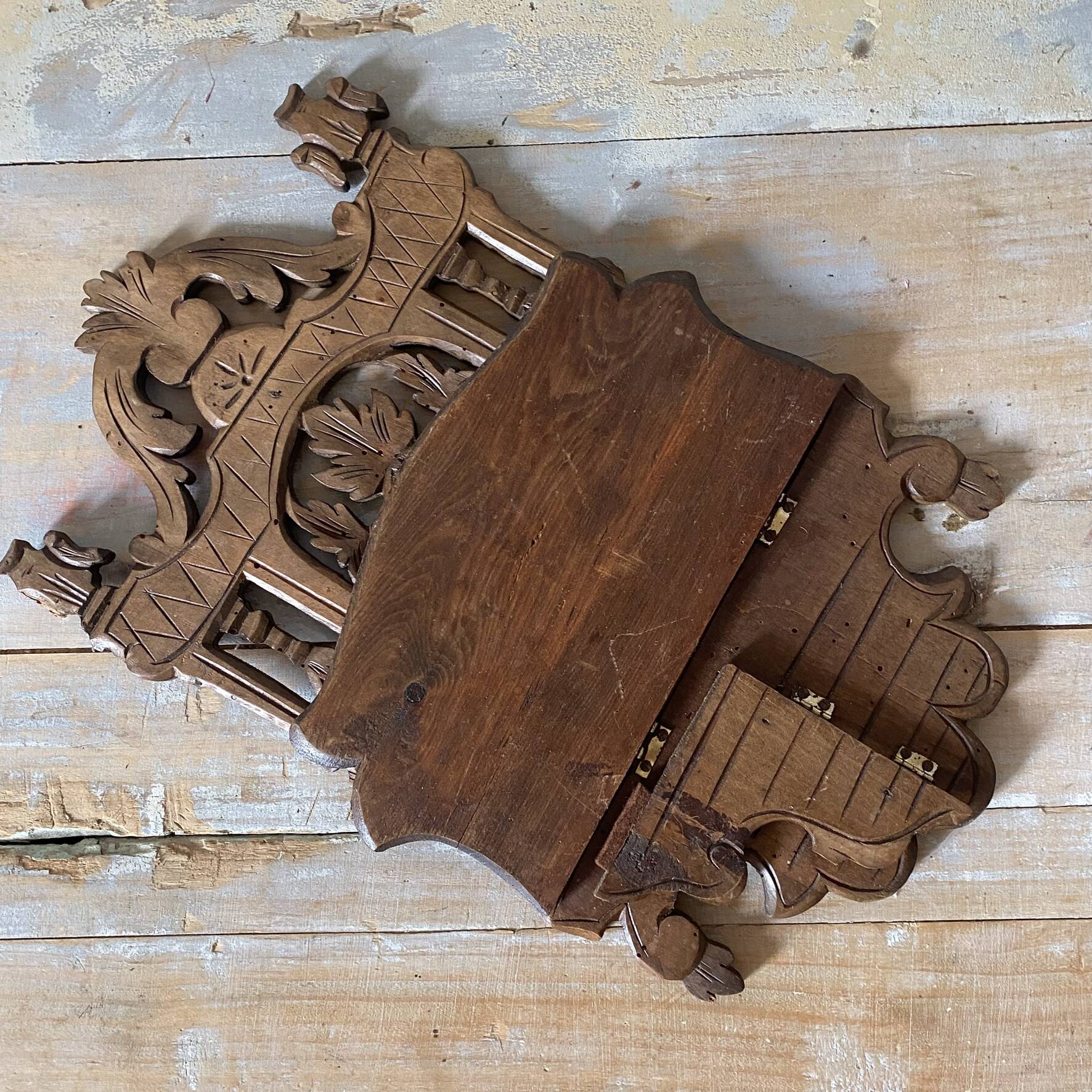 antique foldable wall shelf with openwork wood