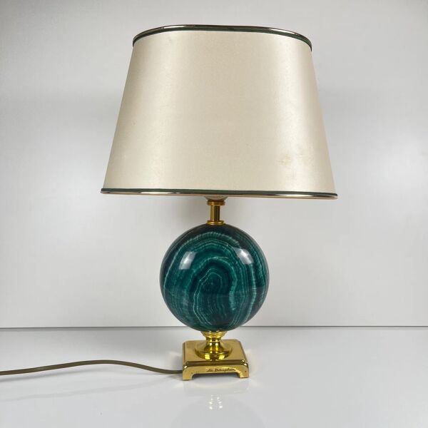 Lampe de table Maison Le Dauphin en laiton et imitation malachite verte, 1980