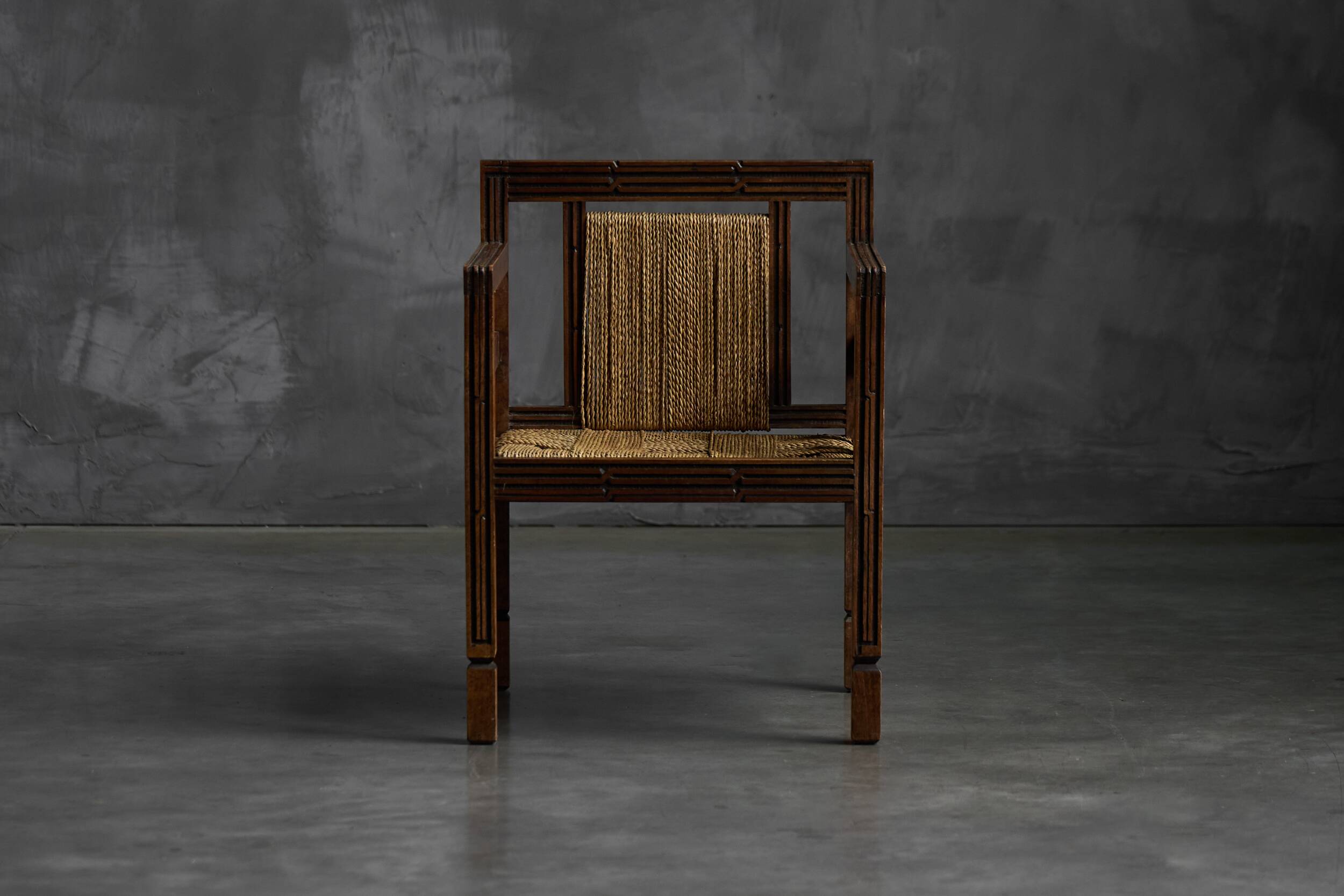 Art Deco Wooden Armchair with Rush Seat, France, 1920s