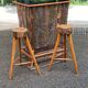 Brutalist wooden bar cabinet with 2 stools