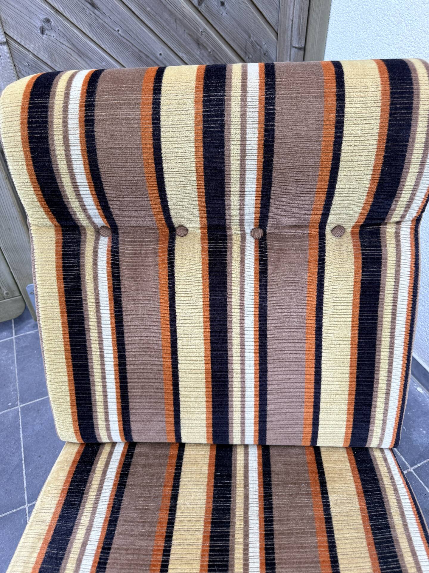 Vintage 1970s lounge chair – striped orange, brown, and cream velvet