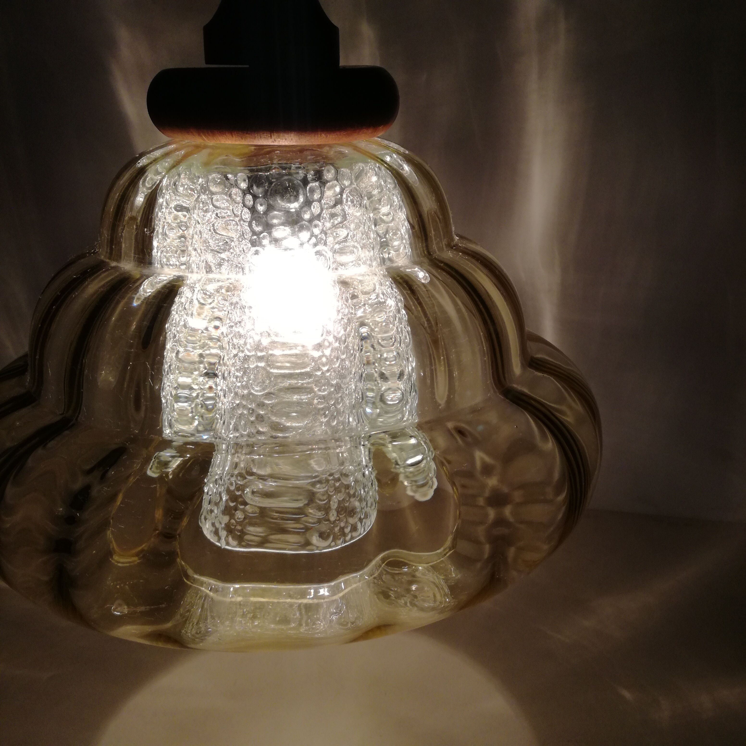 Scandinavian-style pendant lamp in glass and wood, 1970