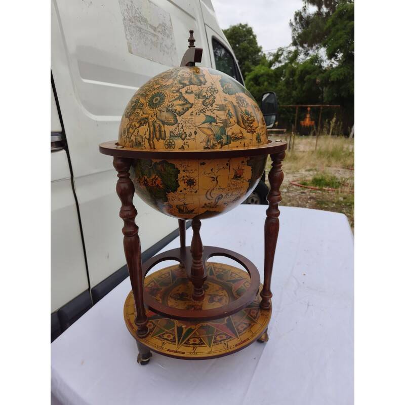 Bar globe terrestre vintage mappemonde en bois avec roulettes