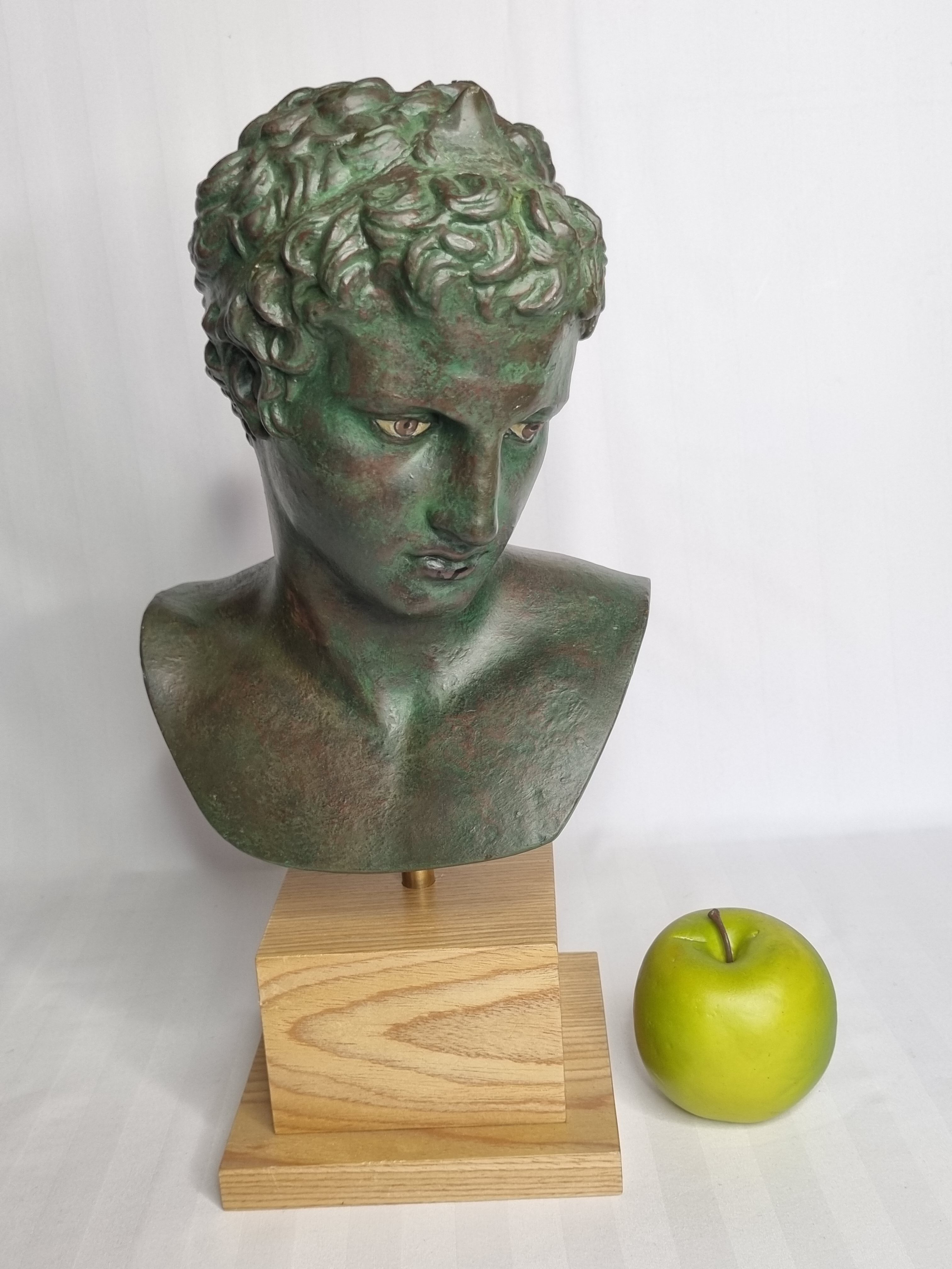 Bust of the Ephebus of Marathon in patinated plaster on base