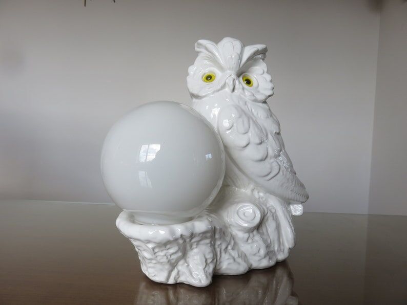 Owl lamp, ceramic owl and opaline ball 70s