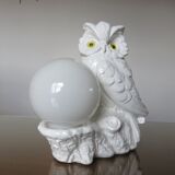 Owl lamp, ceramic owl and opaline ball 70s