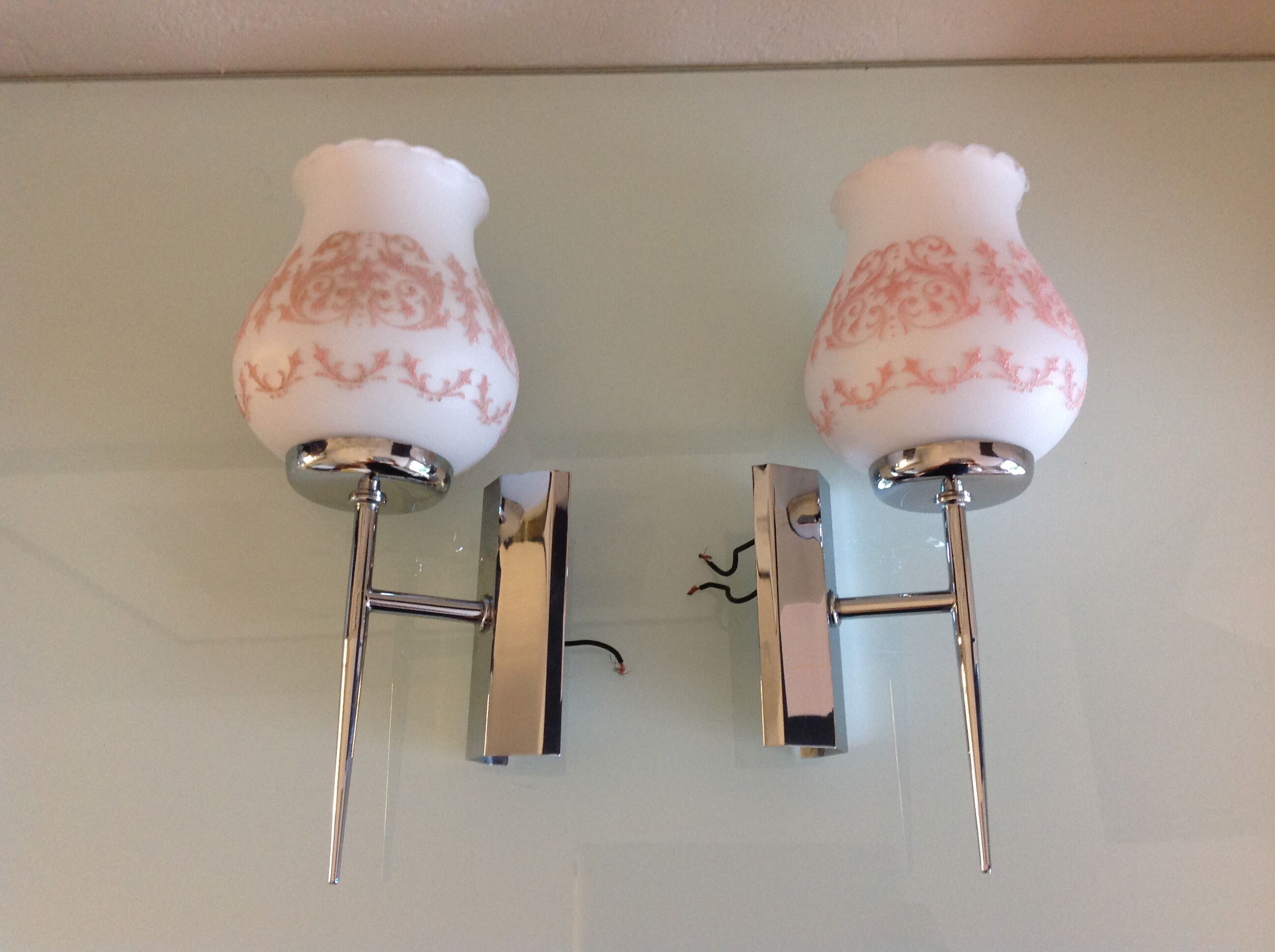 Pair of white opaline and chromed metal / vintage wall lamp 60s-70s