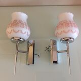 Pair of white opaline and chromed metal / vintage wall lamp 60s-70s