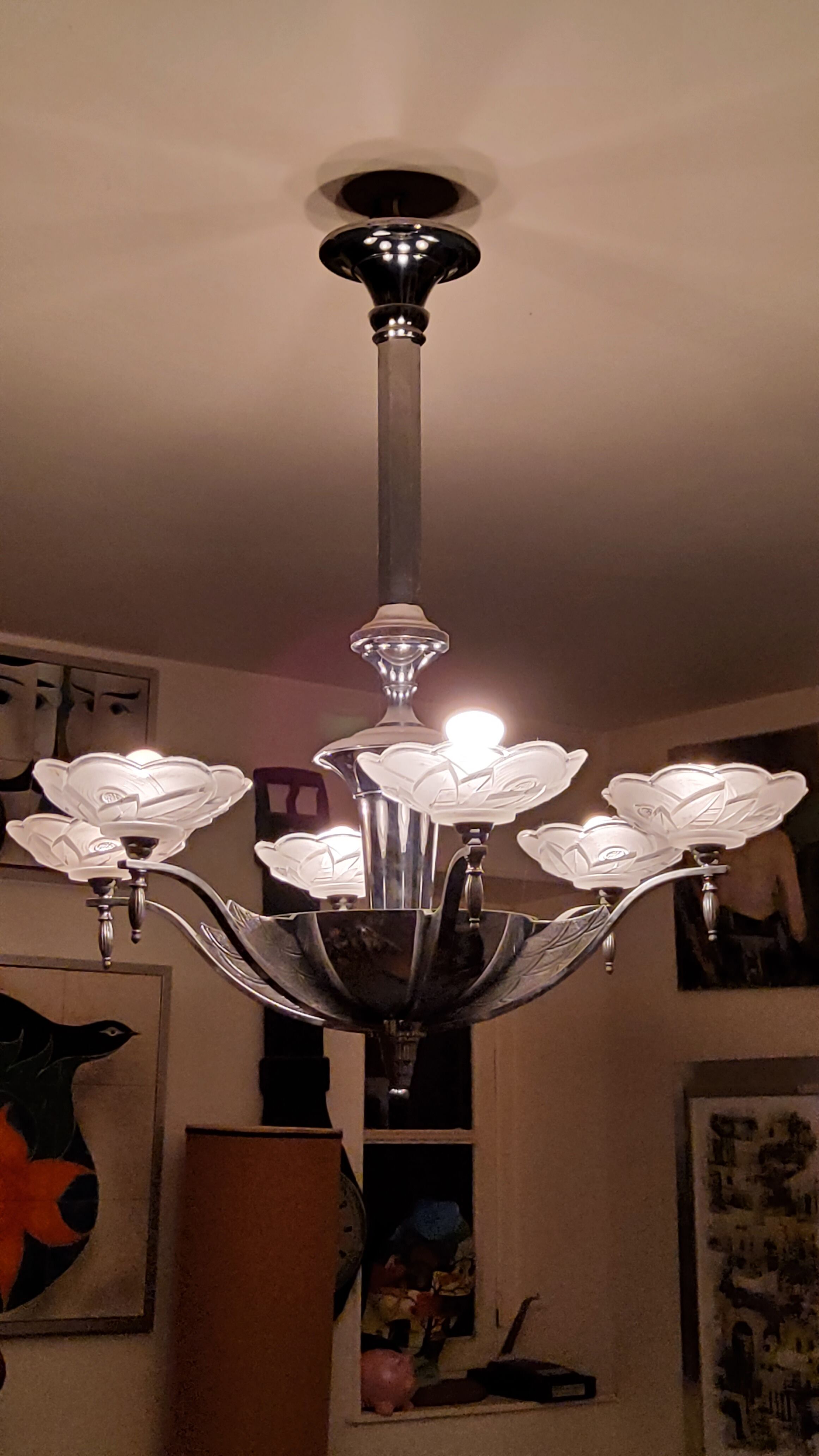 Art deco chandelier in chromed metal and glass 6 arms of lights