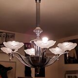 Art deco chandelier in chromed metal and glass 6 arms of lights