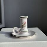 Small vintage hand-held candlestick in earthenware with green trim and floral decoration H10.5