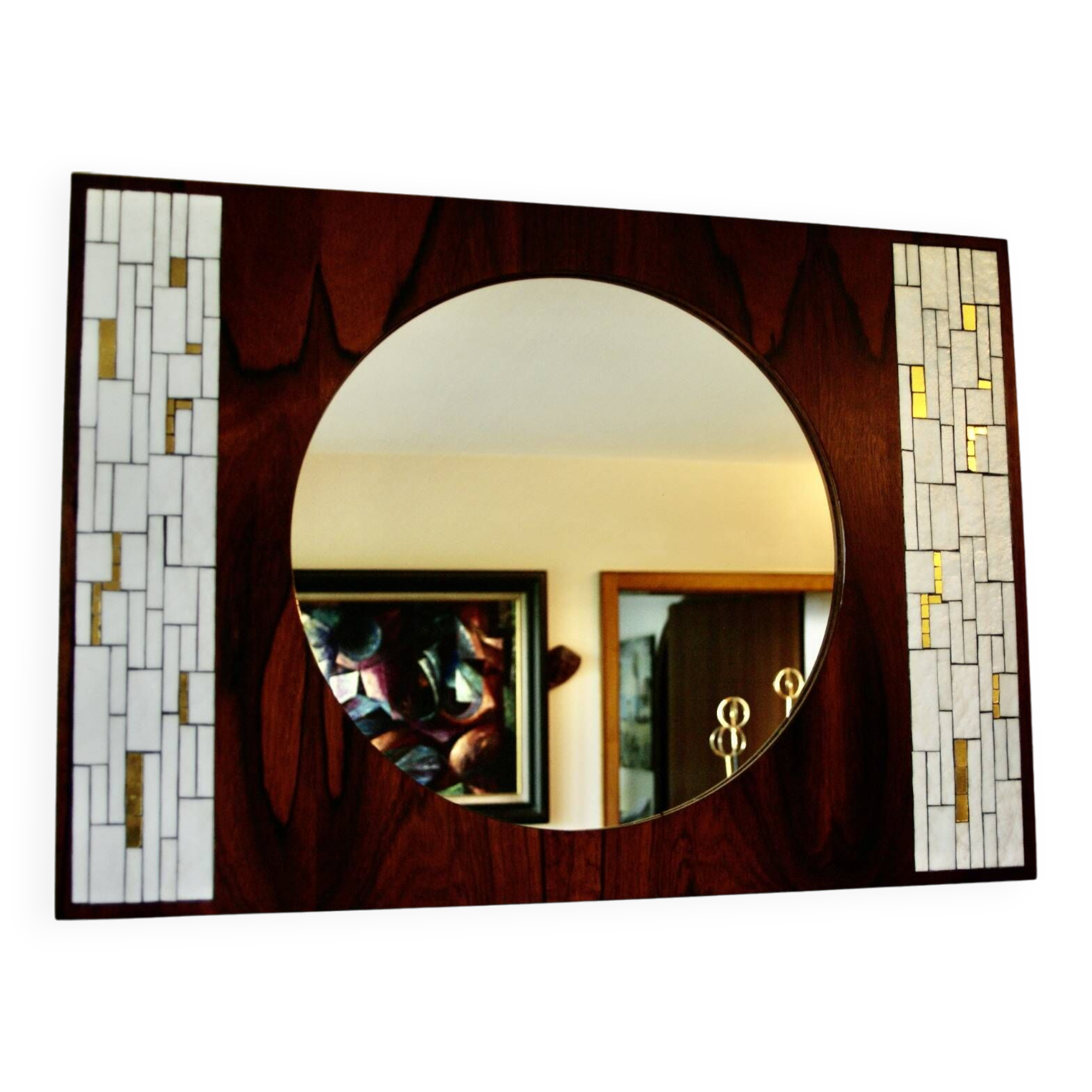 Vintage rosewood and ceramic mirror by berthold muller 1950