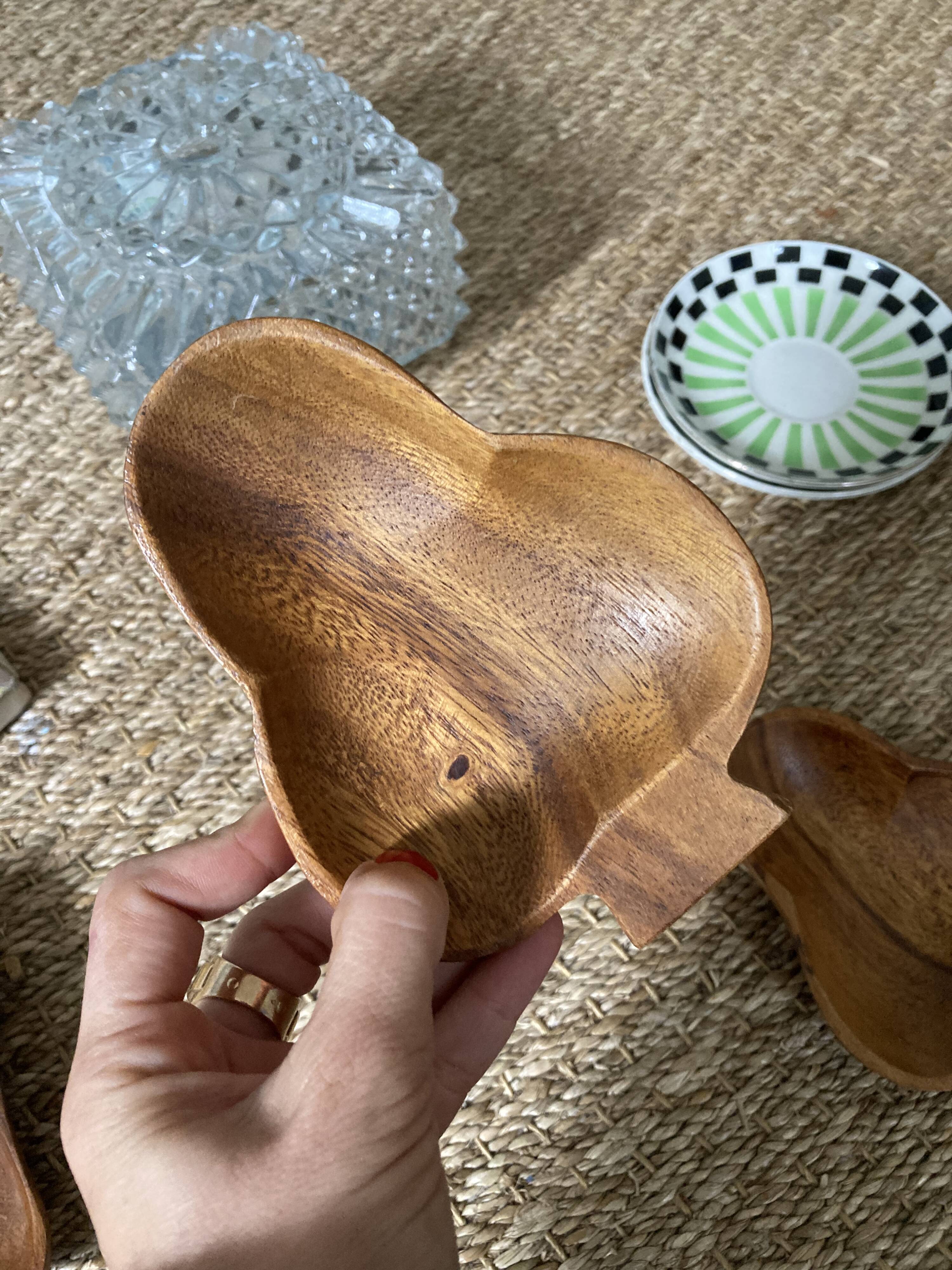 Trio of exotic wooden cups in the shape of beans and vintage clovers