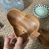 Trio of exotic wooden cups in the shape of beans and vintage clovers