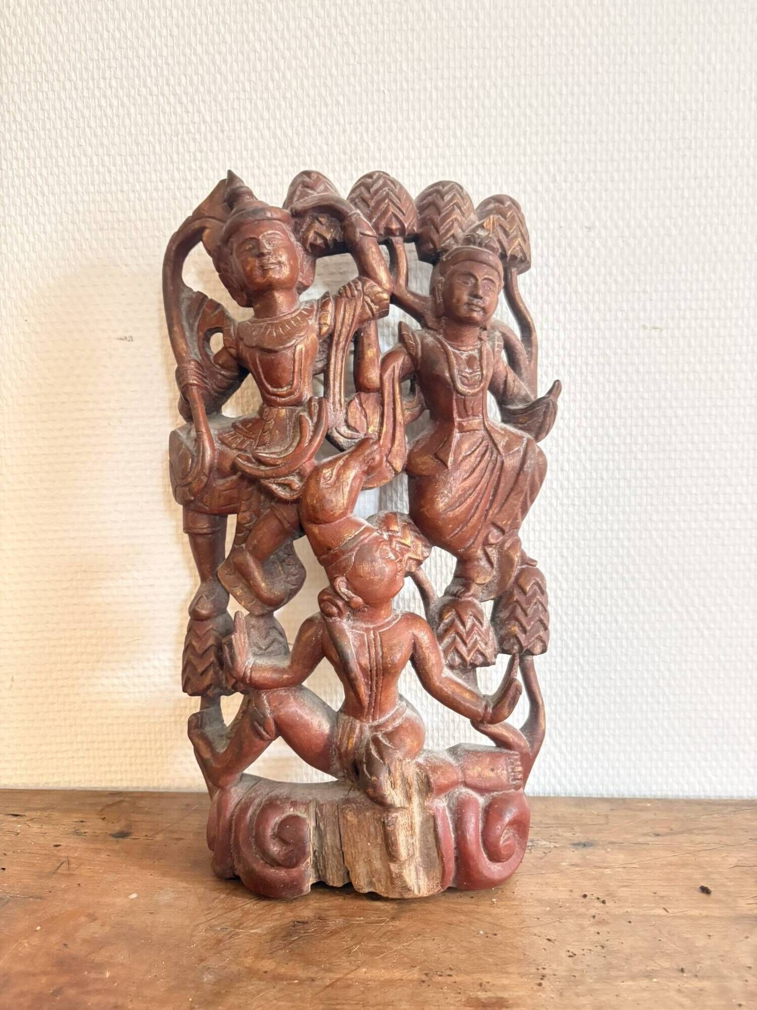 Ancient Carved Wall Panel Deity Wood Thailand Burma Myanmar