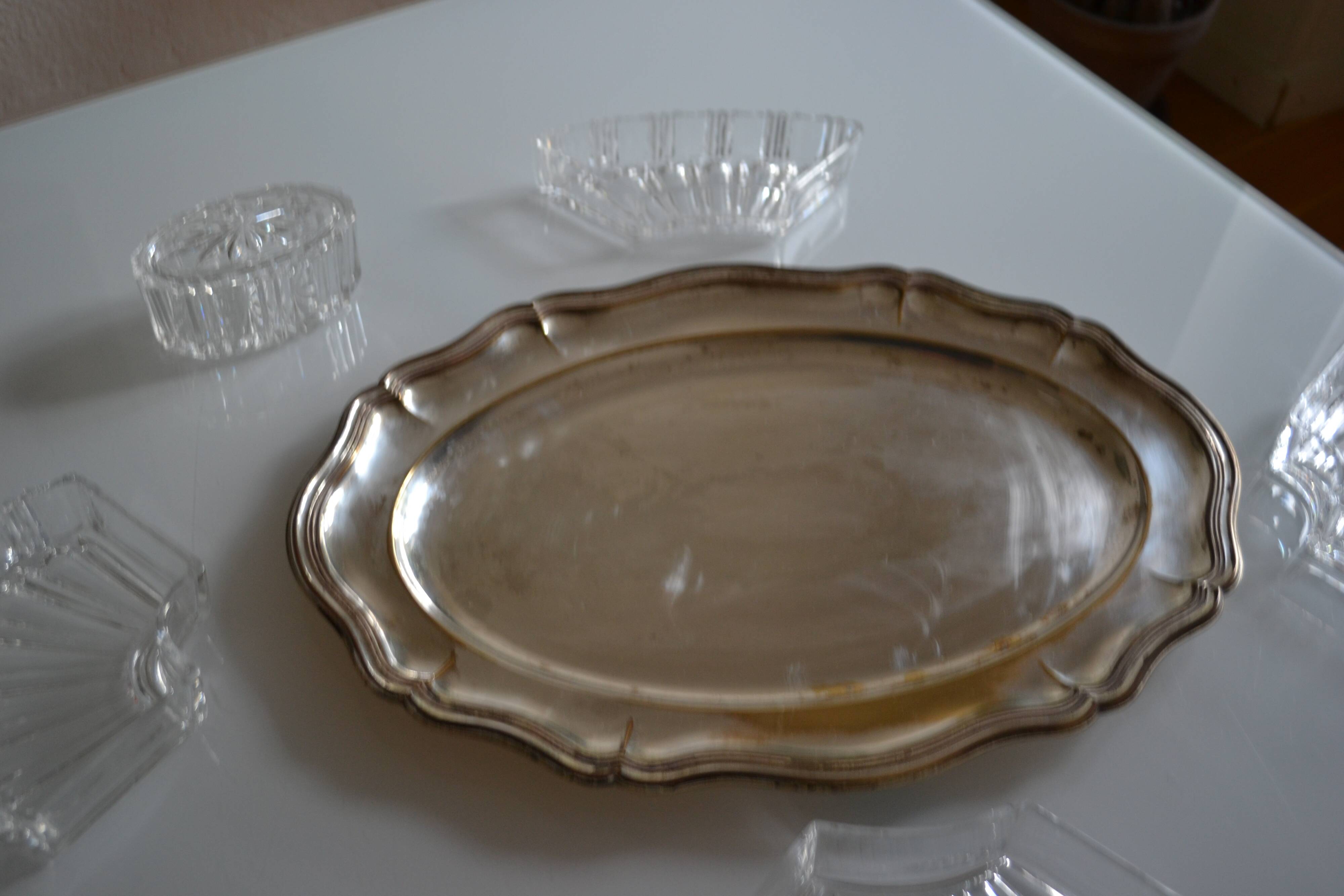 Silver-plated metal aperitif serving tray with HKE hallmark and glass.