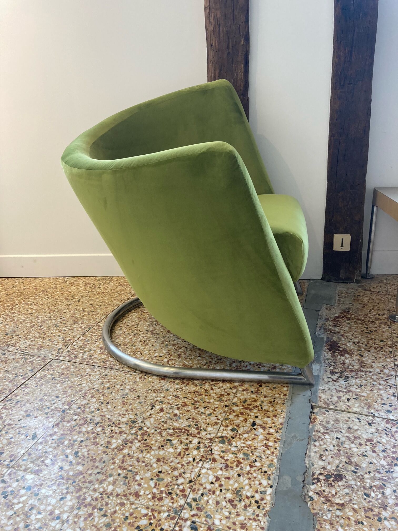 Erling Revheim, Armchair model "Spiral" in chrome tubular metal and green fabric