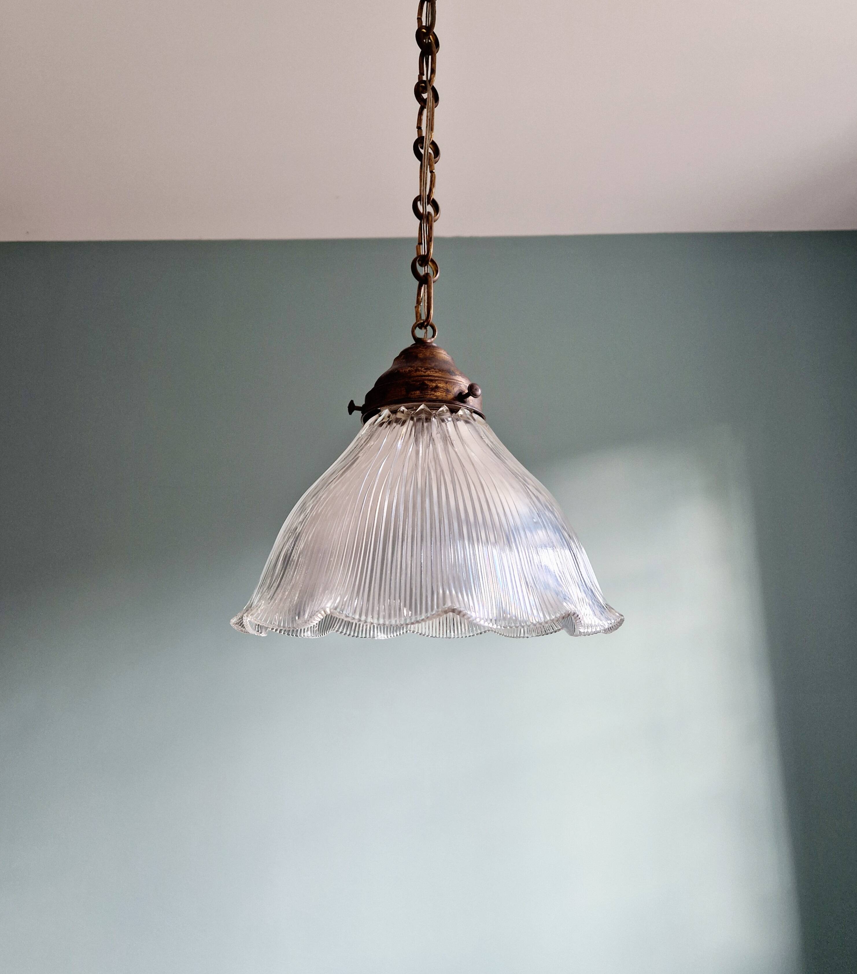 Large Holophane pendant light in transparent grooved glass