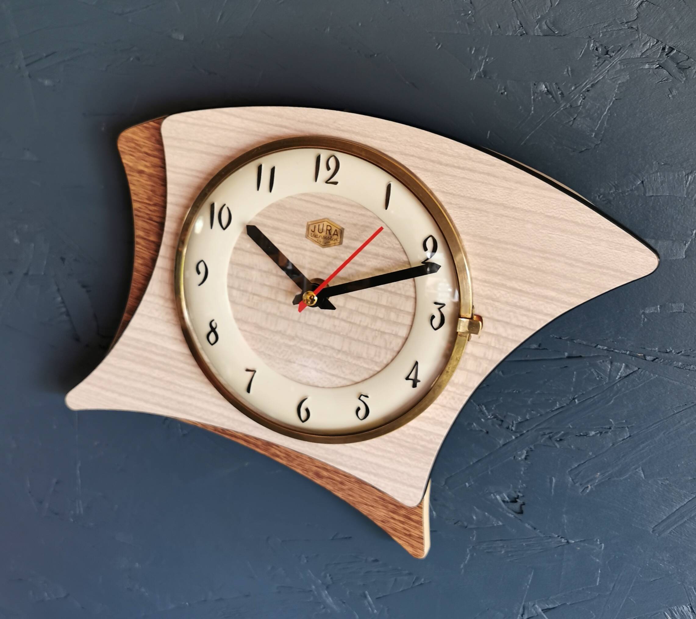 Vintage formica clock silent asymmetrical wall pendulum "Jura bois"
