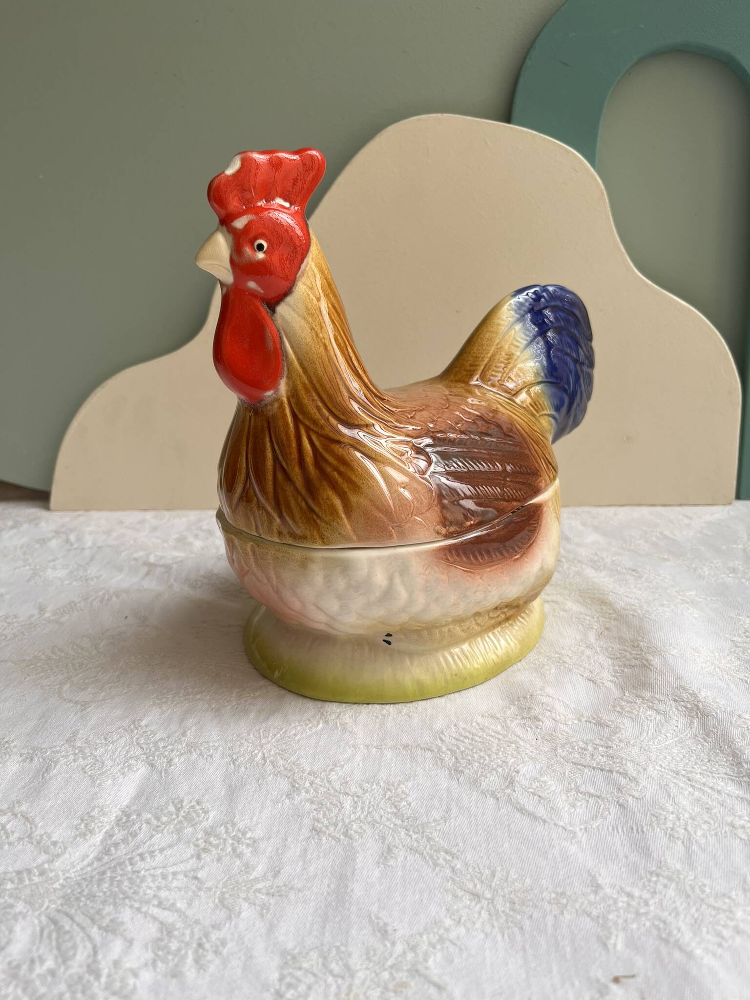 Terrine Michel Caugant rooster or hen in polychrome earthenware