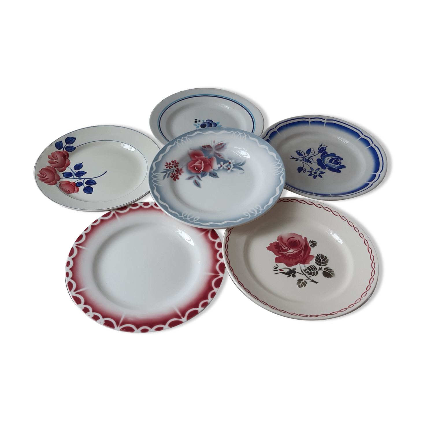 Set of 6 flat plates mismatched Moulin des loups, Badonviller, Digoin
