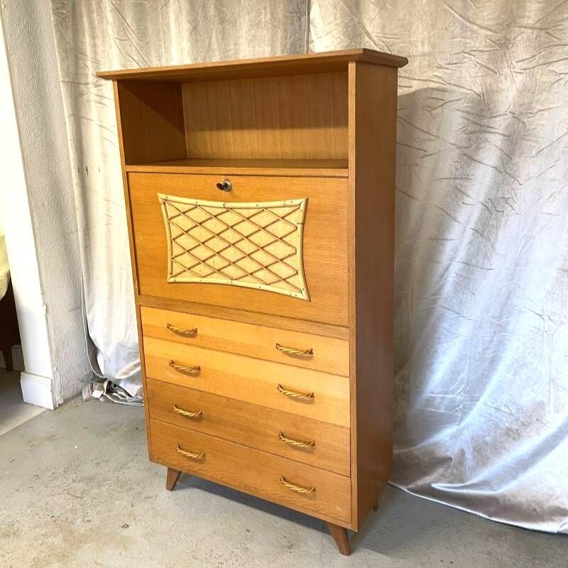 Vintage secretary ensemble and wooden and rattan side table
