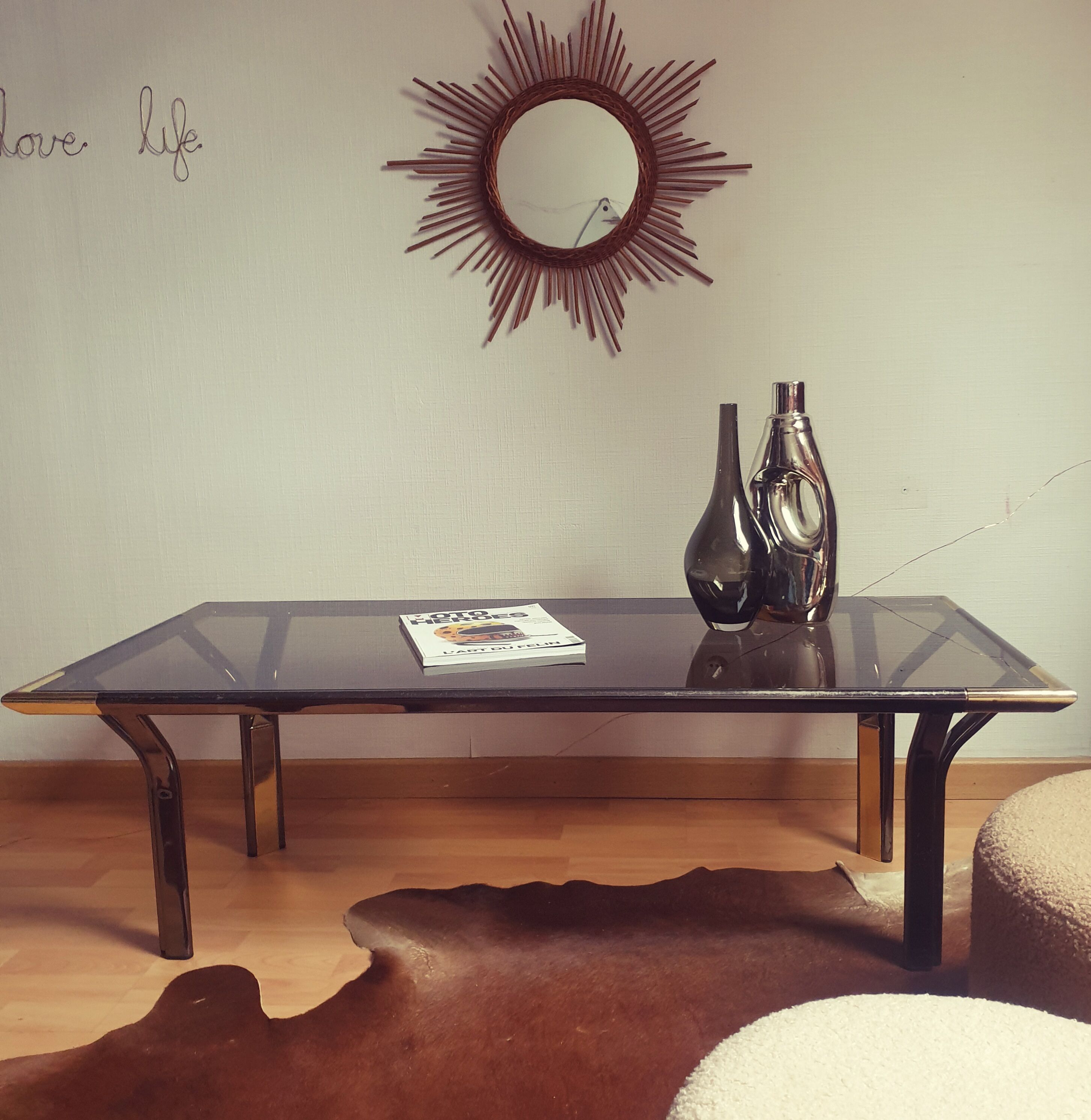 Vintage golden 70s coffee table and space age smoked glass