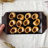 Vintage ceramic snail shells Made in France and Scandinavian style mahogany tray