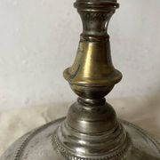 Antique jeweller's lamp, silver-plated base, frosted pink glass shade.