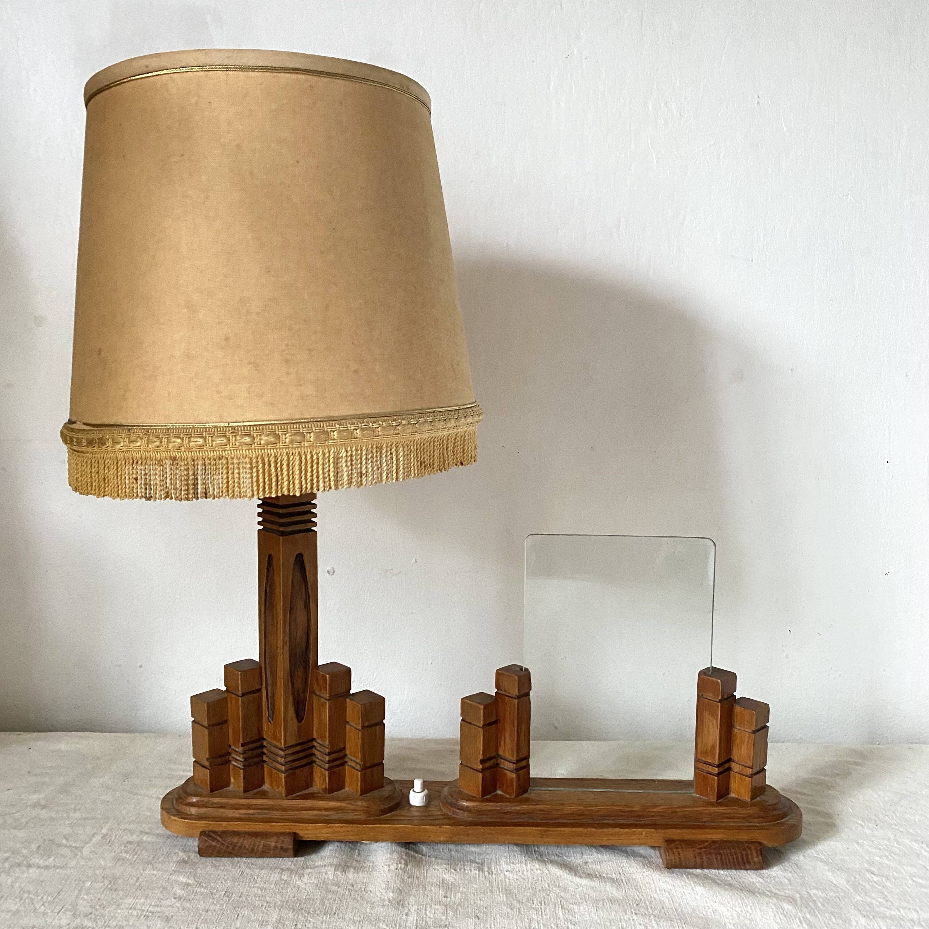 Art deco wooden lamp with photo holder