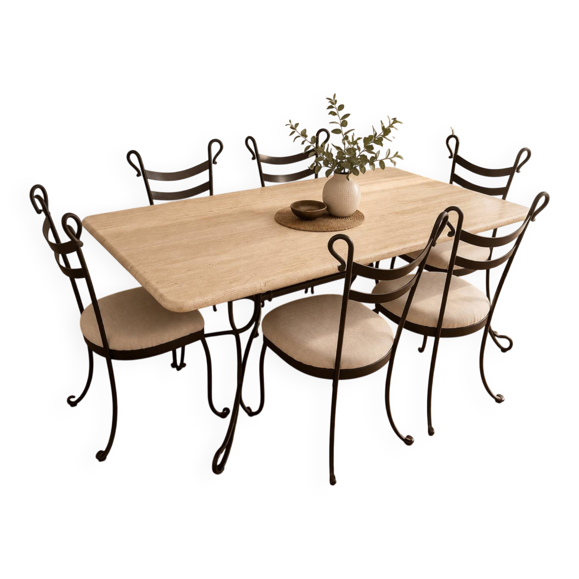 Travertine and wrought iron dining table + 8 chairs