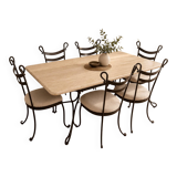 Travertine and wrought iron dining table + 8 chairs
