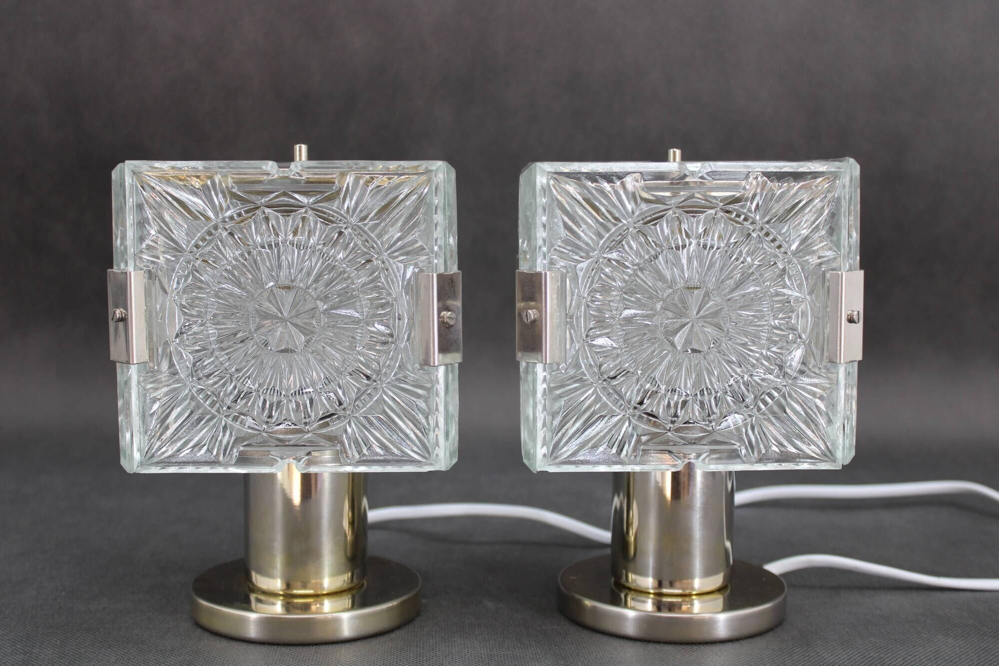 1970s Pair of Brass/Glass Table Lamps by Kamenicky Senov, Czechoslovakia