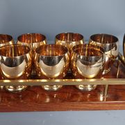Alcohol service: bottle - 7 golden puffed glasses, vintage mahogany tray 50s sb