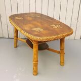 Wicker rattan coffee table and vintage bamboo