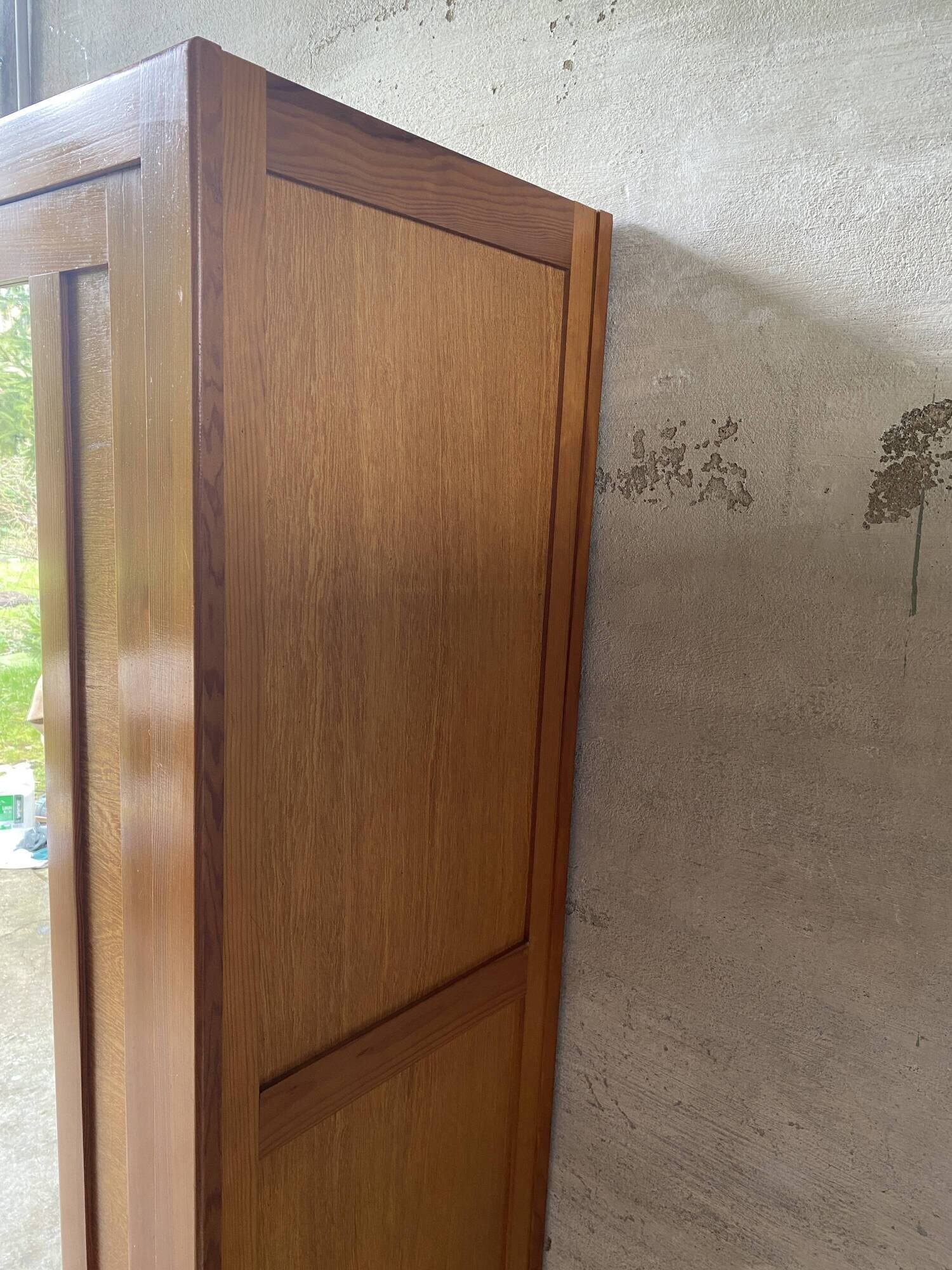 Vintage Parisian wardrobe with one mirrored door from the 60s in pine and wood