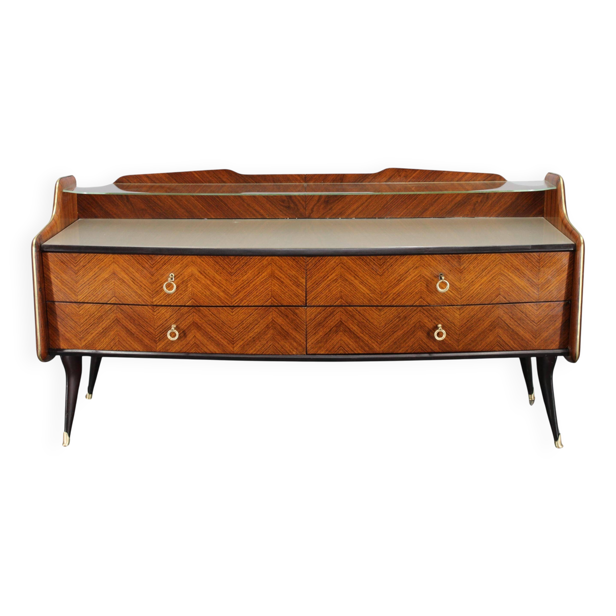 Buffet italien organique des années 1950 avec plateau en verre et 4 tiroirs