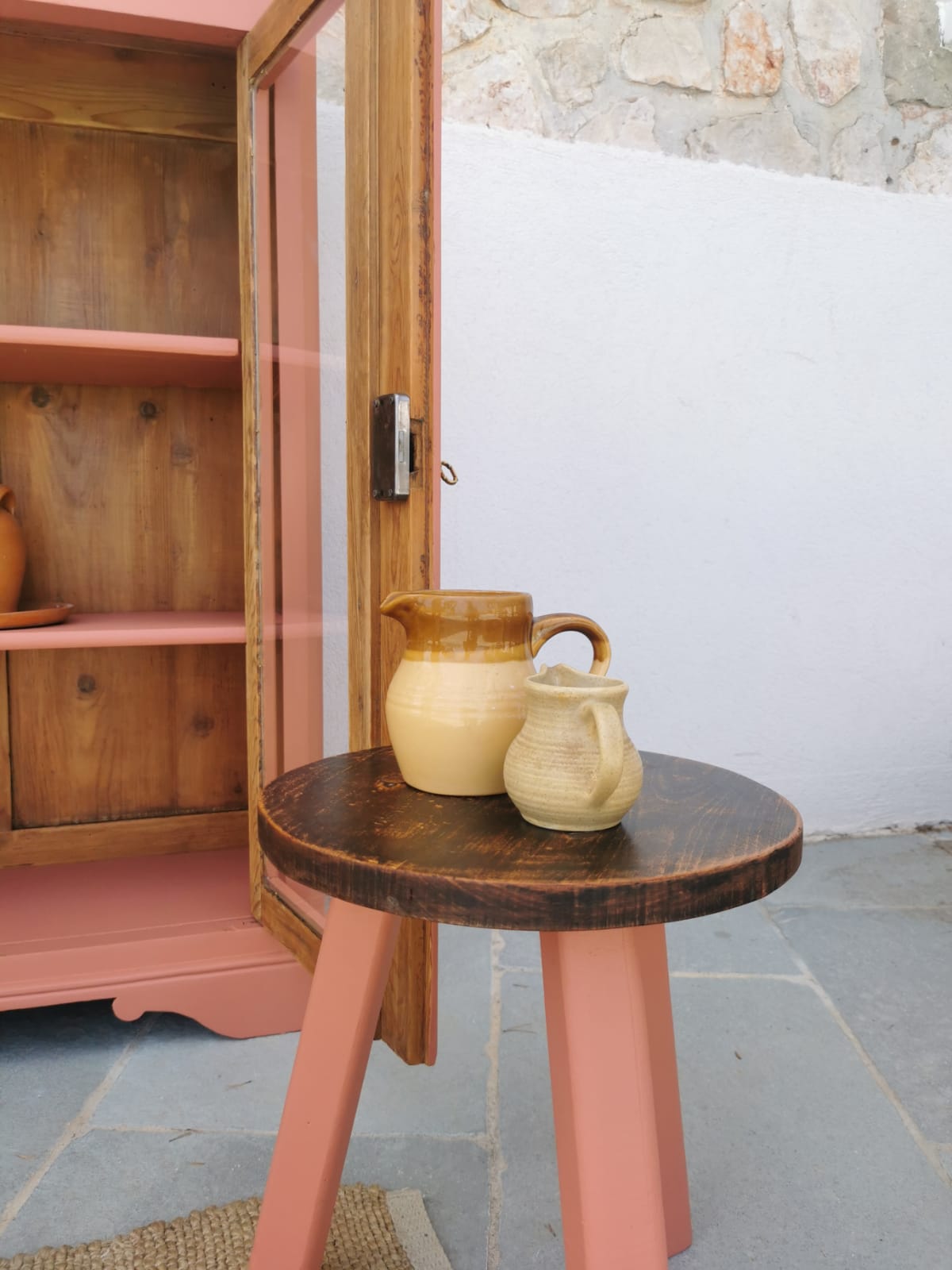 Antique showcase, cupboard, glass cabinet, wood and terracotta, Parisian format