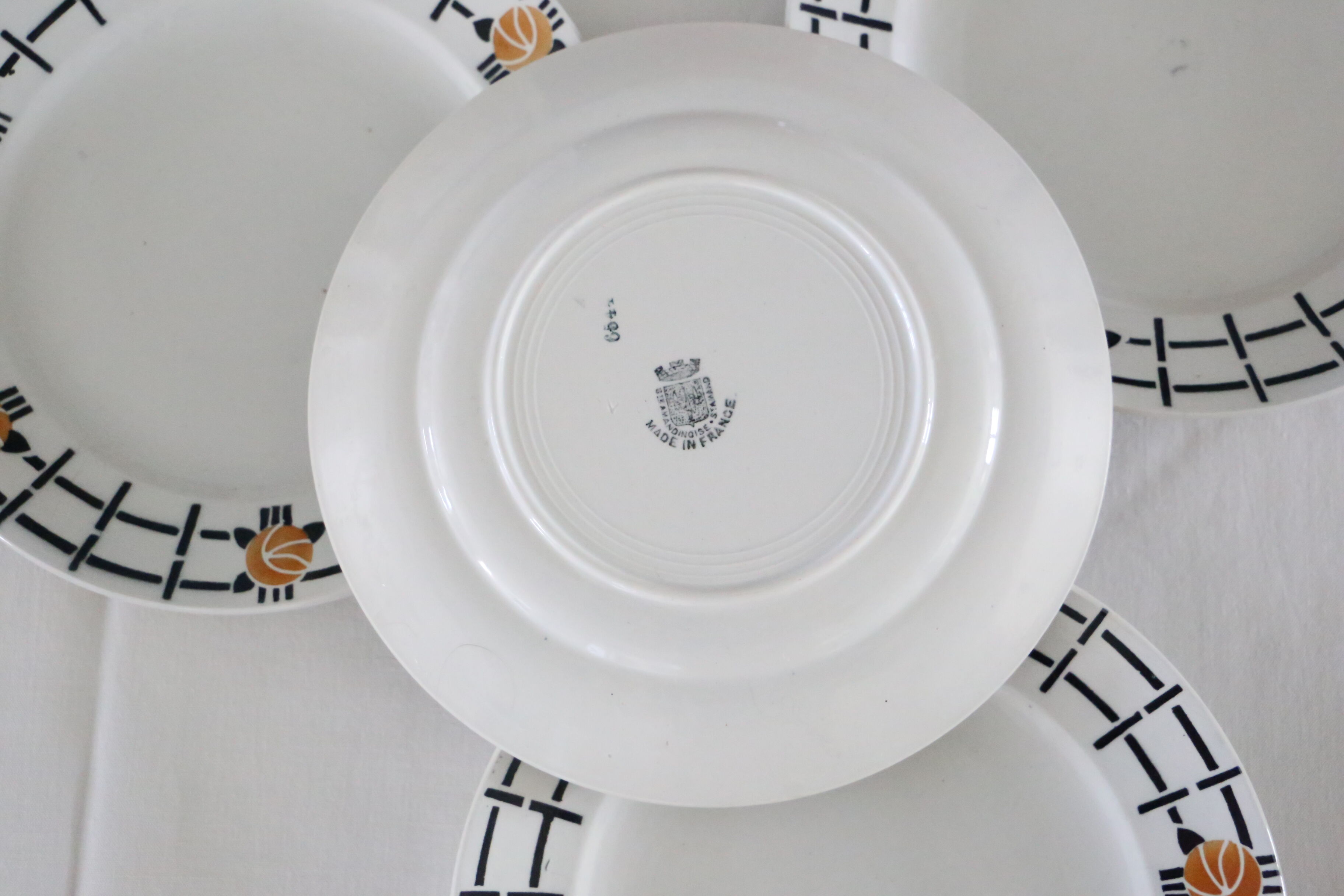Ensemble de 4 assiette L'Amandinoise, motif géométrique, vintage français, rustique, campagne