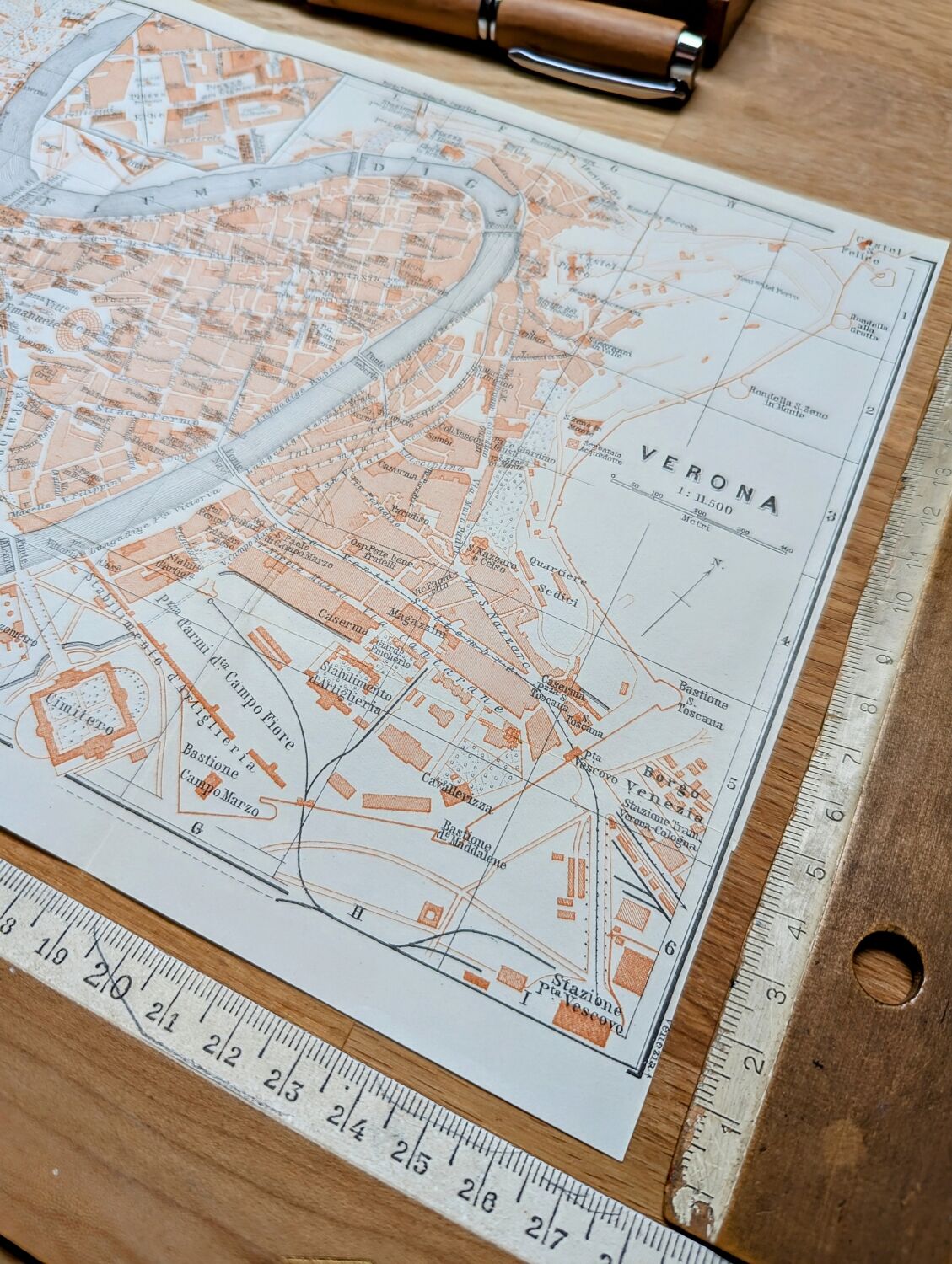 Printed in 1909, map of Verona (Verona), Veneto, Italy.