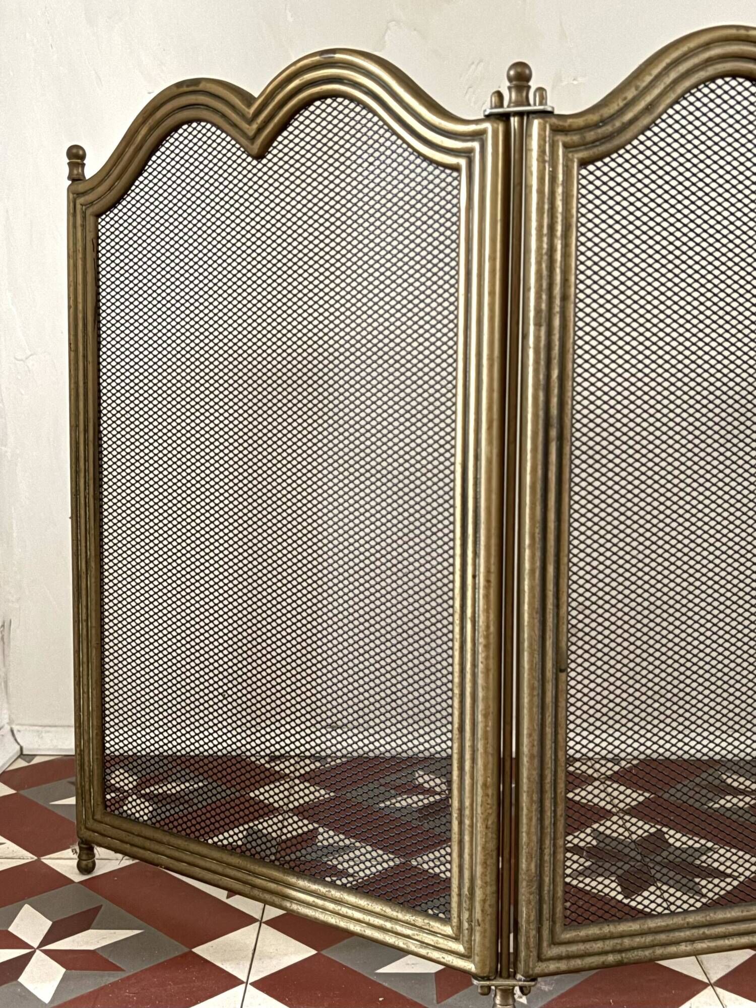 Three-panel solid brass fire screen