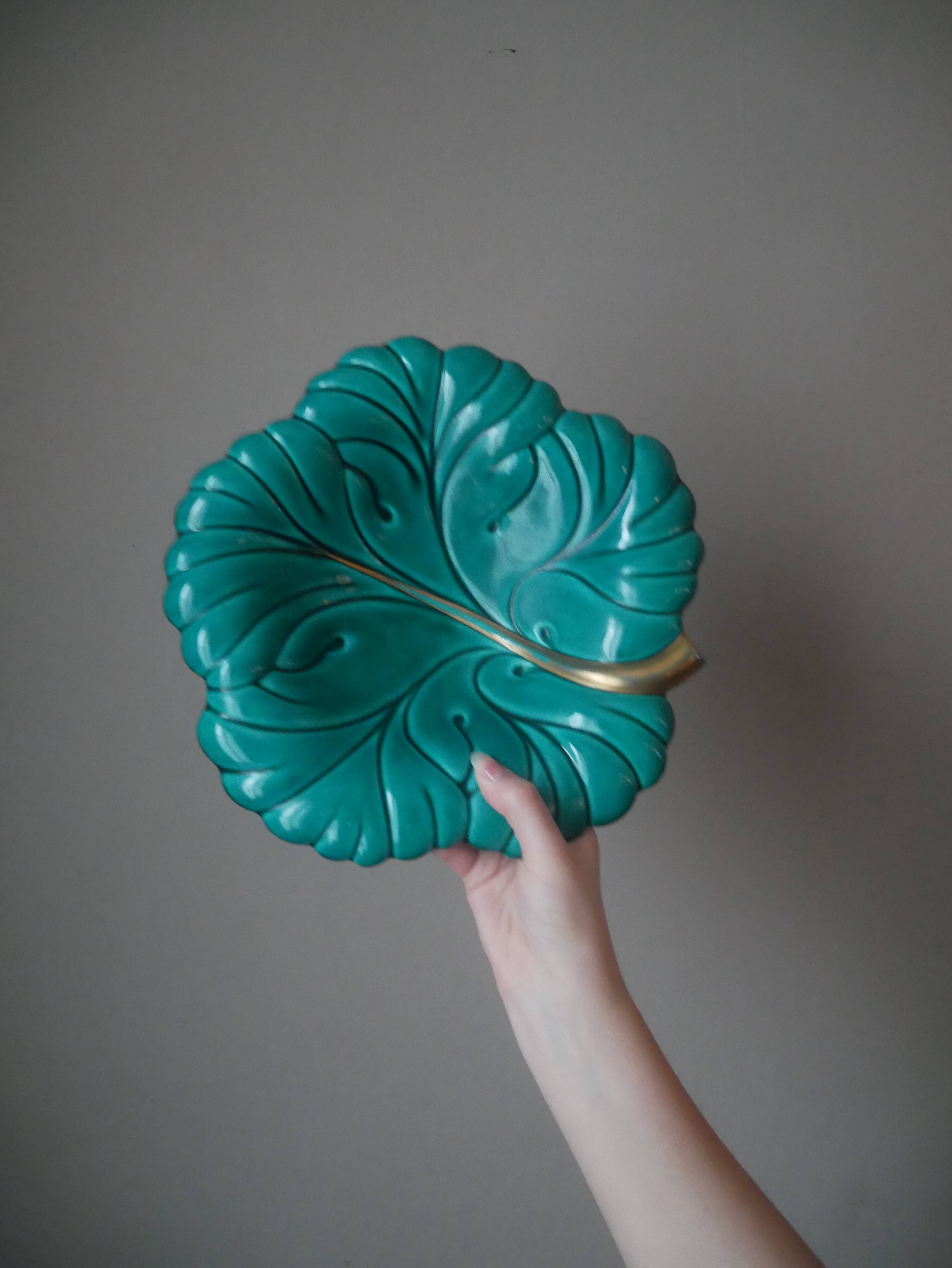 empty ceramic fruit bowl barbotine cabbage leaf vintage made in France retro